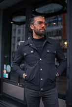 Load image into Gallery viewer, Watt Slim Fit Seasonal Black Coat with Shirt Collar and Metal Button
