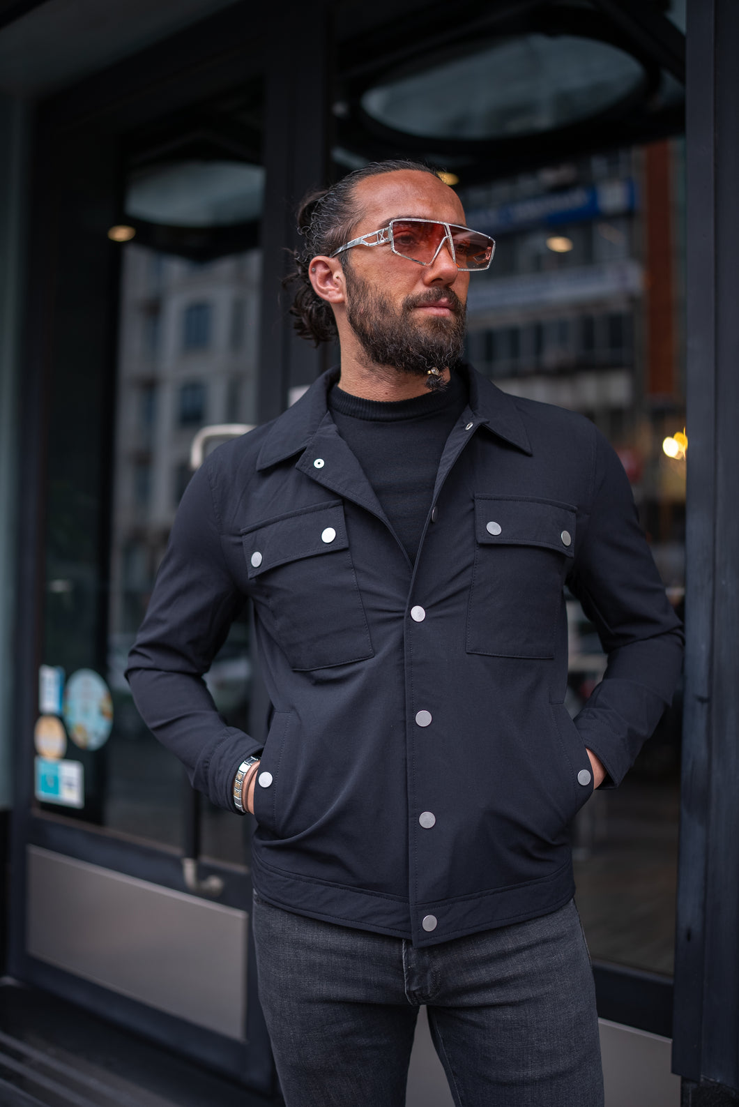 Watt Slim Fit Seasonal Black Coat with Shirt Collar and Metal Button