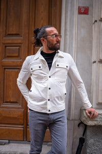 Watt Slim Fit Seasonal White Coat with Shirt Collar and Metal Button