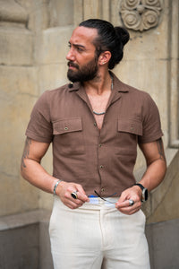 Watt Slim Fit Brown Short Sleeve Shirt