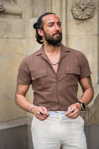 Watt Slim Fit Brown Short Sleeve Shirt