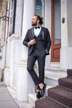 Load image into Gallery viewer, Abboud Slim Fit Satin Collared Black Tuxedo
