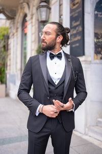 Abboud Slim Fit Satin Collared Black Tuxedo