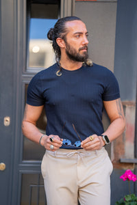 Abboud Slim Fit Basic Navy Crew Neck Tees