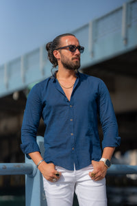 Abboud Slim Fit Navy Blue Linen Shirt