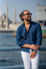 Load image into Gallery viewer, Abboud Slim Fit Navy Blue Linen Shirt
