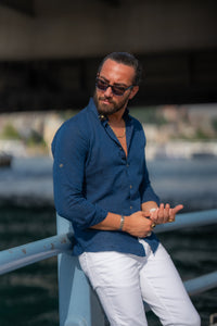 Abboud Slim Fit Navy Blue Linen Shirt