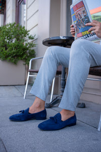 Abboud New Collection Tassel Details Suede Navy Loafer