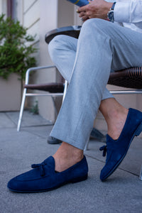 Abboud New Collection Tassel Details Suede Navy Loafer