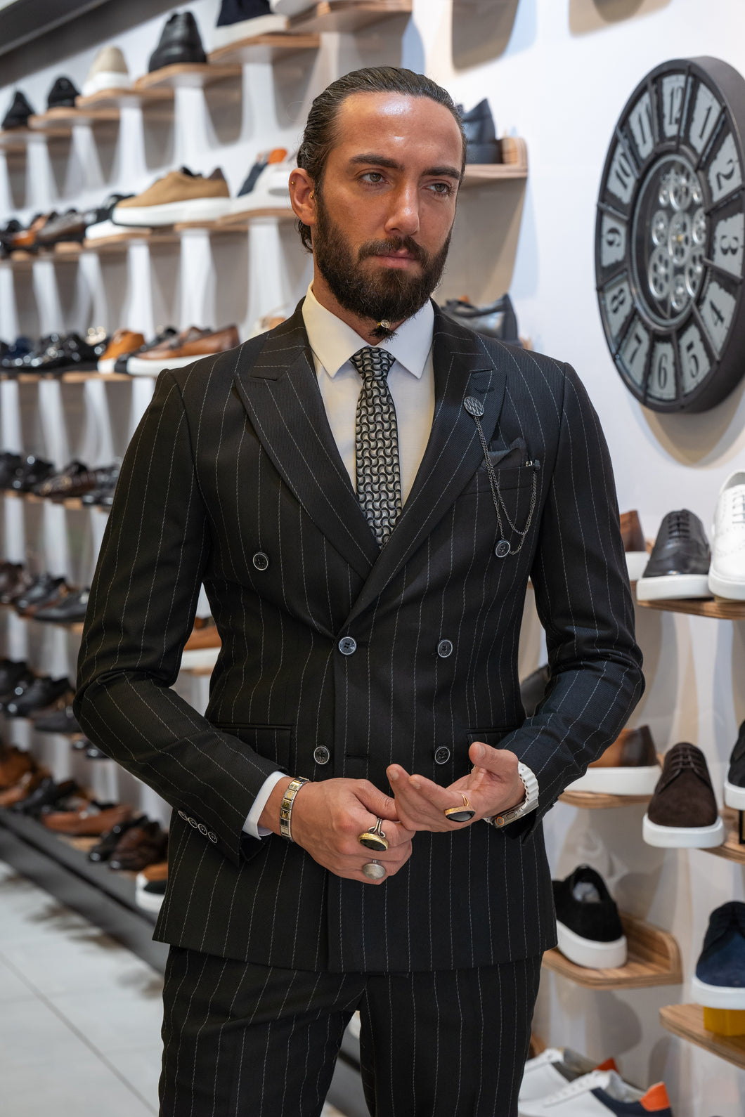 Watt Slim Fit Double Breasted Self-Line Detail Black Suit