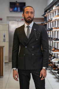 Watt Slim Fit Double Breasted Self-Line Detail Black Suit