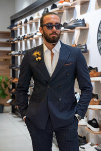 Watt Slim Fit Double Breasted Self-Line Detail Dark Blue Suit
