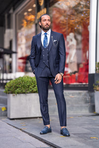 Watt Slim Fit Self-Patterned Navy Blue Suit