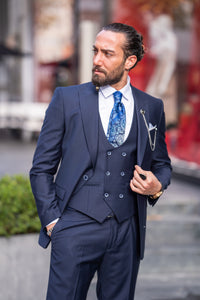 Watt Slim Fit Self-Patterned Navy Blue Suit