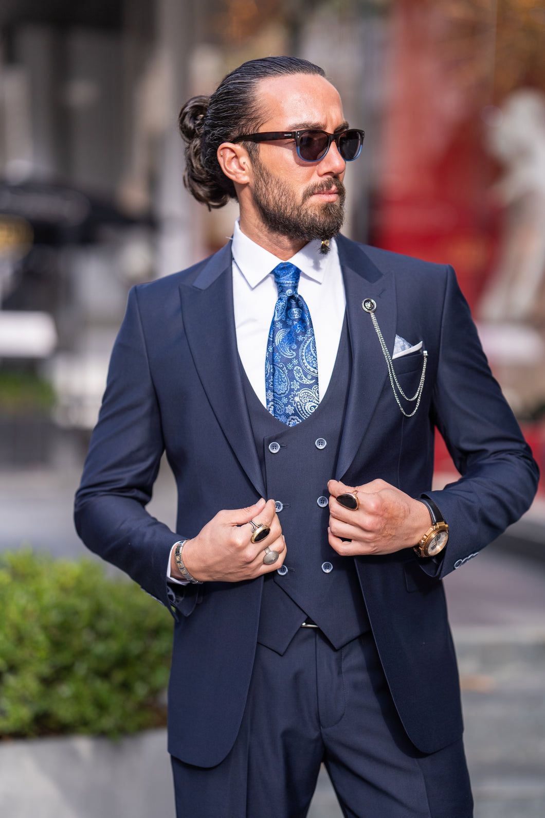 Watt Slim Fit Self-Patterned Navy Blue Suit