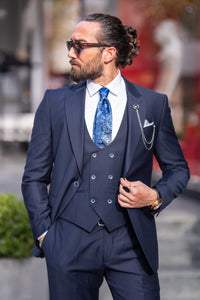 Watt Slim Fit Self-Patterned Navy Blue Suit