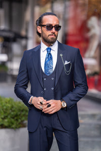 Watt Slim Fit Self-Patterned Navy Blue Suit