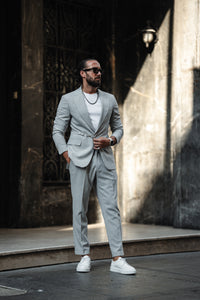 Abboud Slim Fit Grey Suit with Chain Detail