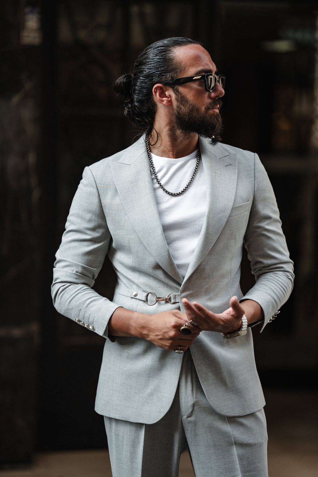 Abboud Slim Fit Grey Suit with Chain Detail