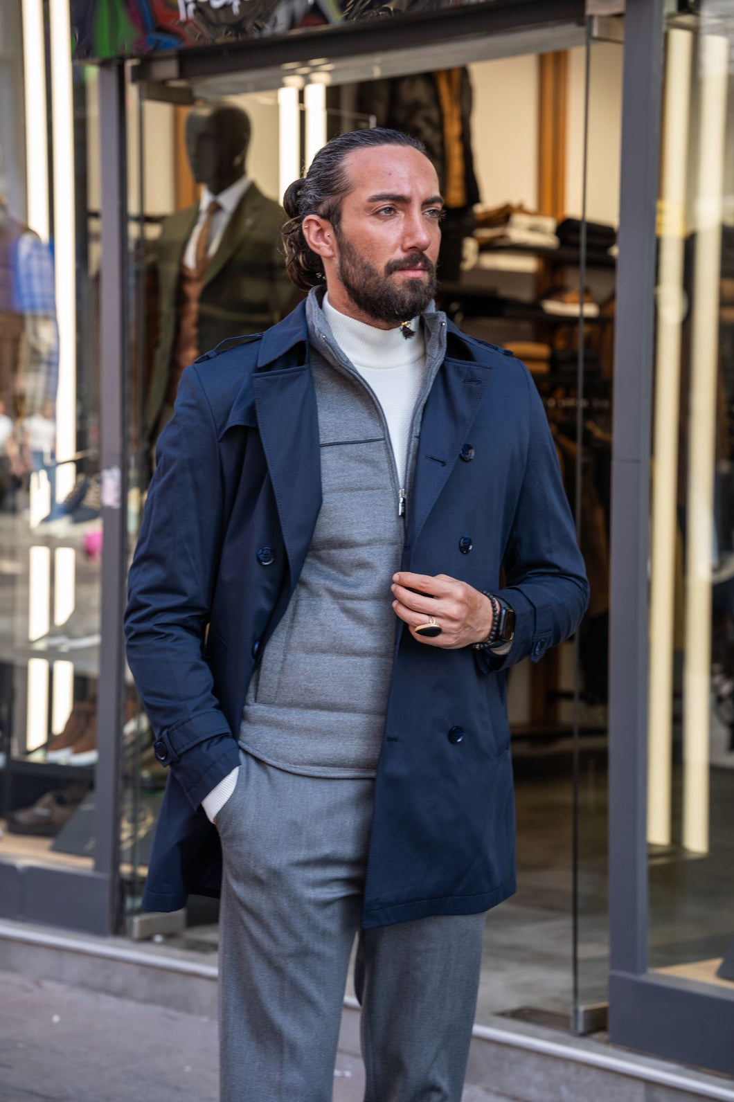 Eden Slim Fit Wide Collared Navy Trench Coat