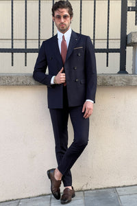 Simon Sim Fit Double Breasted Navy Blue Woolen Suit