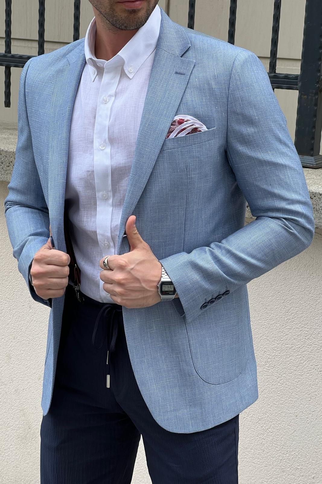Simon Sim Fit Blue Linen Blazer Only – MCR TAILOR