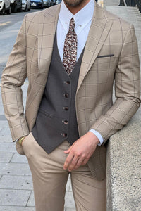 Simon Sim Fit Plaid Beige Woolen Combination Suit