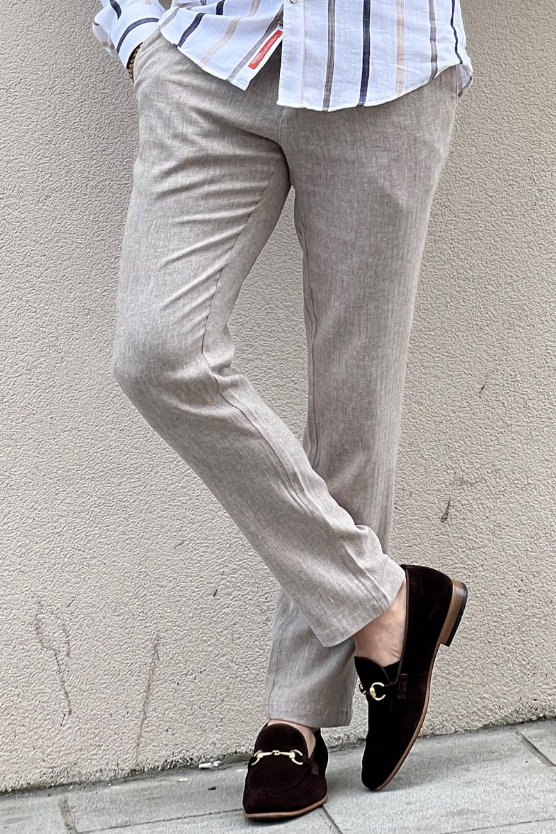 Simon Slim Fit High Quality Self Patterned Beige Linen Pants – MCR TAILOR