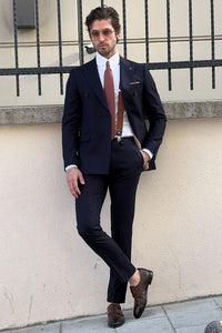 Simon Sim Fit Double Breasted Navy Blue Woolen Suit