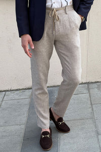Simon Slim Fit High Quality Self Patterned Beige Linen Pants
