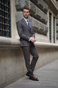Simon Slim Fit Plaid Brown Woolen Combination Suit