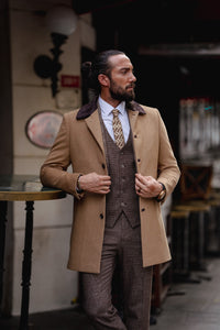 Craig Slim Fit Fur Detailed Camel Woolen Coat