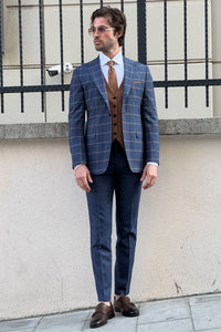 Simon Sim Fit Plaid Navy Blue Woolen Combination Suit