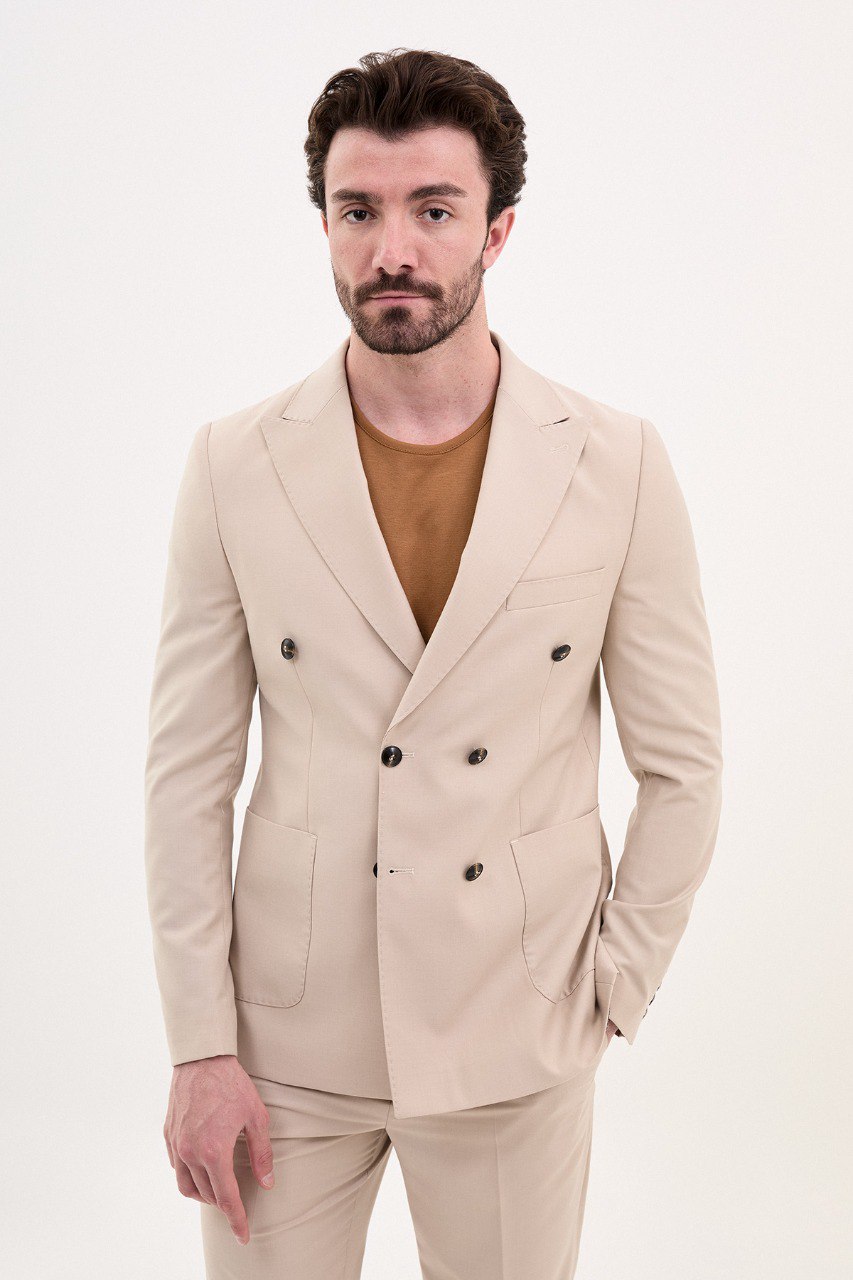 Tyler Slim Fit Beige Double Breasted Blazer