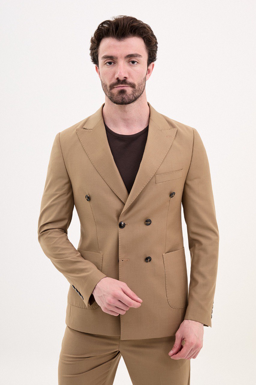 Tyler Slim Fit Camel Double Breasted Blazer