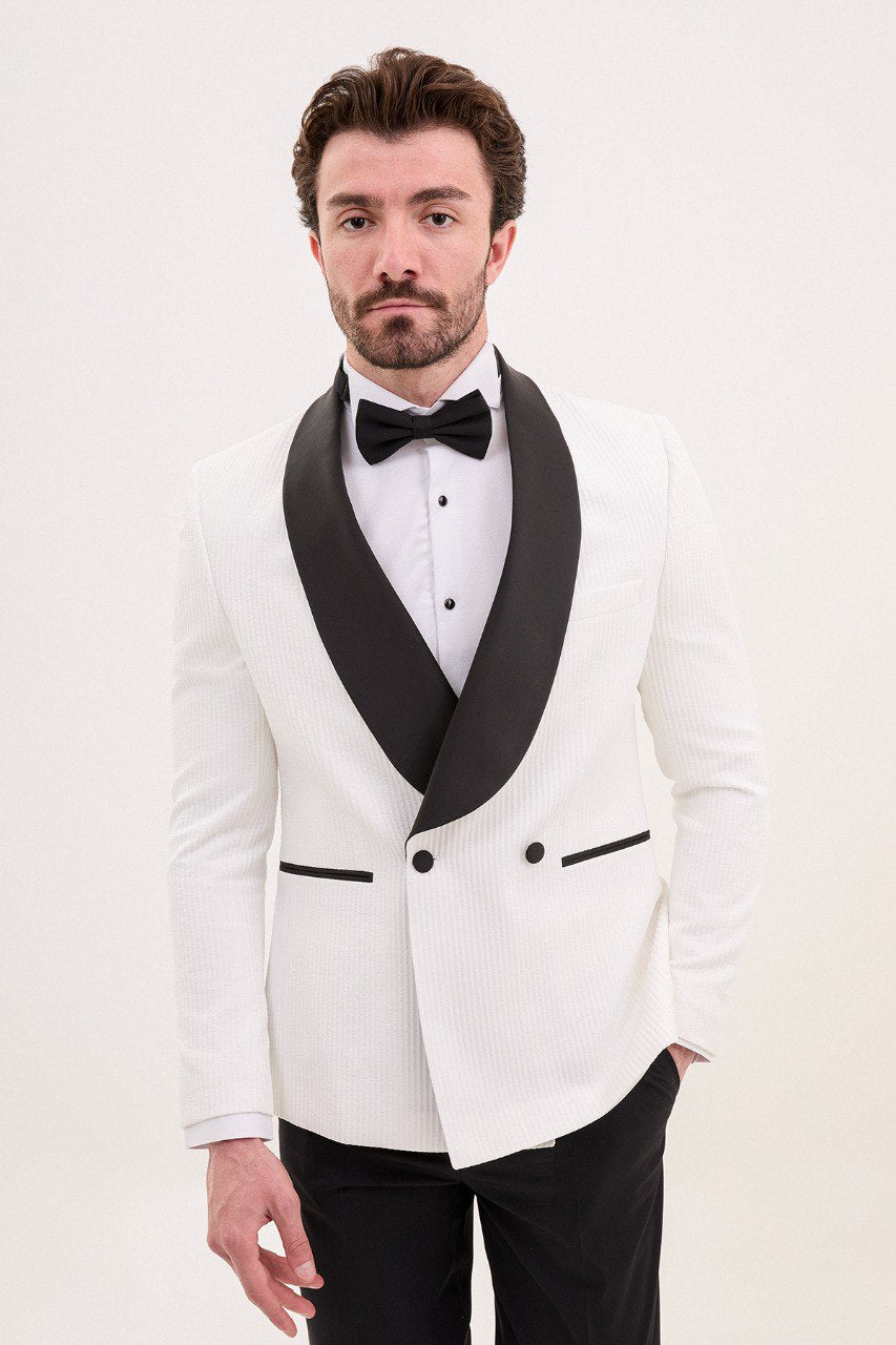 Tyler Slim Fit White Wedding Stripe Lapeled Tux/Suit