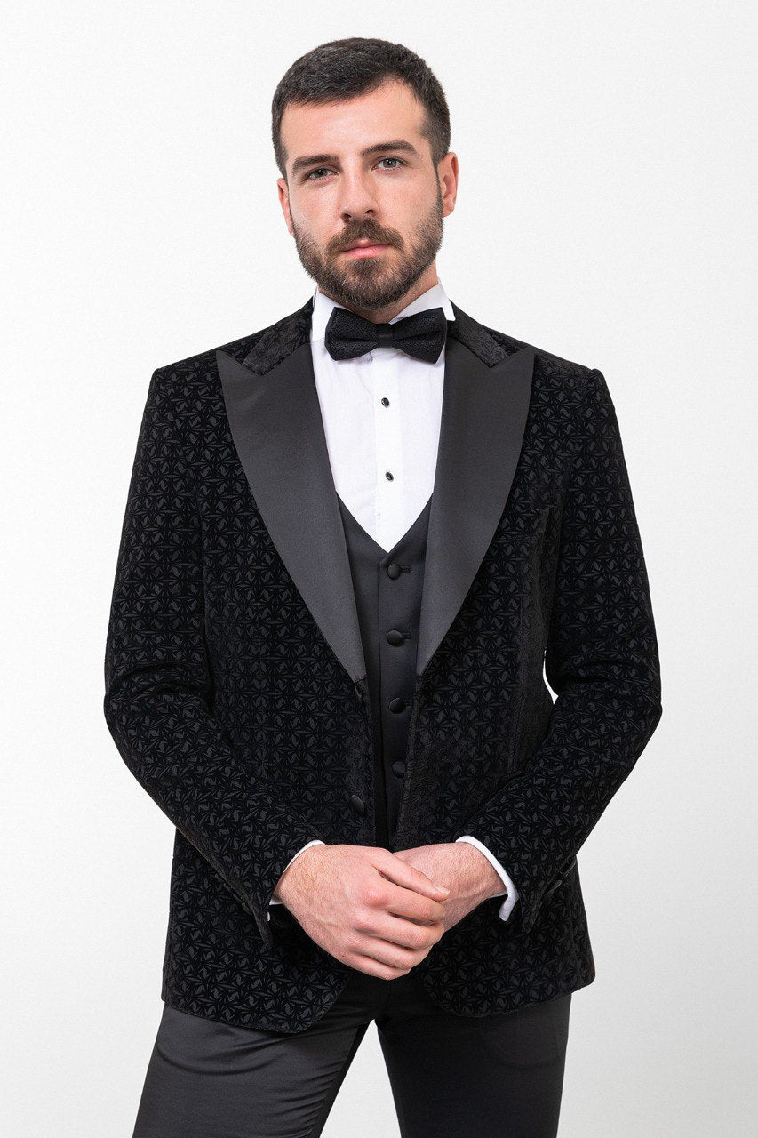 Tyler Slim Fit Black Vested Party Patterned Tuxedo