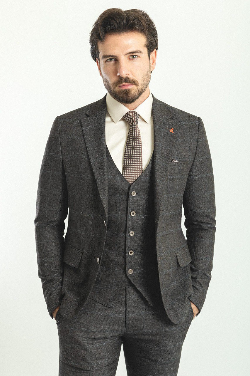 Liam Slim Fit Dark Grey Vested Plaid Suit