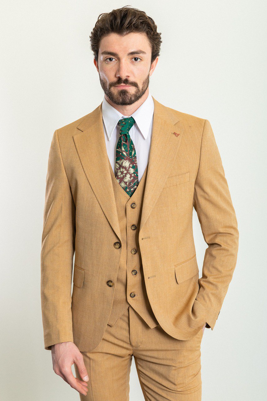 Liam Slim Fit Mustard Colored Vested Suit