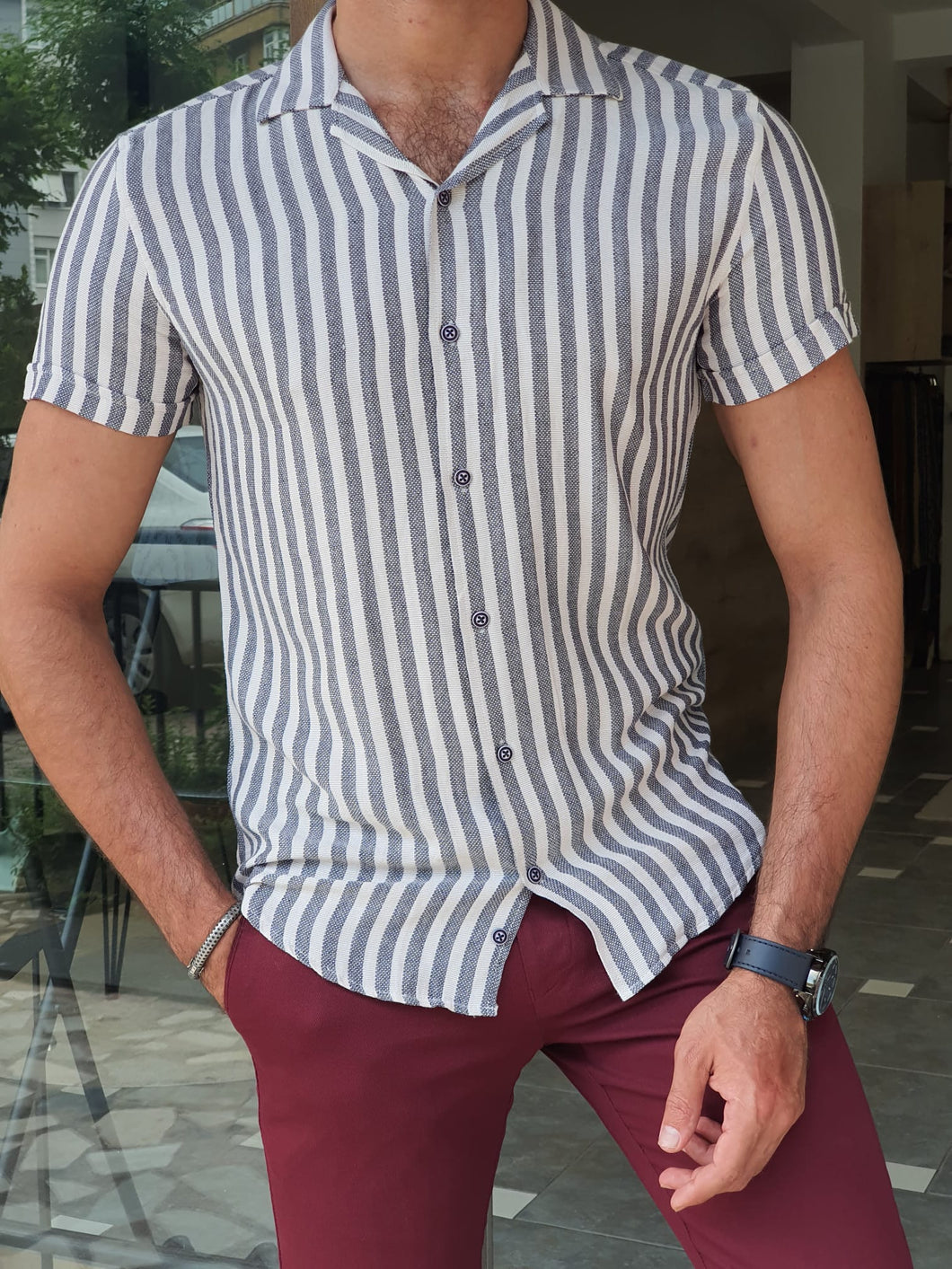 Chase Slim Fit Striped Short Sleeve Ecru & Navy Shirt
