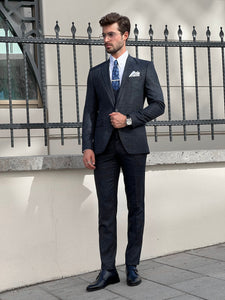 Efe Slim Fit Patterned Pointed Collared Blue Suit
