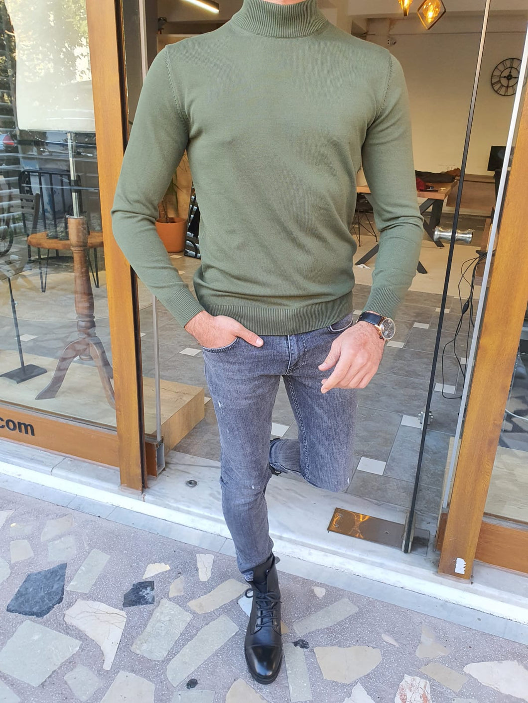 Blaek Slim fit Long Sleeve Green turtleneck