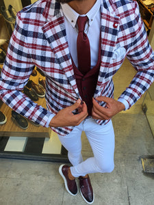 Perry Slim Fit Plaid White & Red Suit