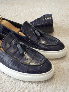 Ross Sardinelli Eva Sole Croc Design Navy Blue Tasseled Leather Shoes