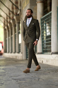 Evan Slim Fit Double Breasted Khaki Striped Suit