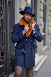 Evan Slim Fit Fur Detailed Blue Cachet Winter Coat
