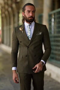 Evan Slim Fit Double Breasted Khaki Striped Suit