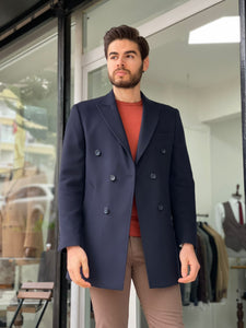 Csarson Slim Fit Double Breasted Navy Blue Winter Coat