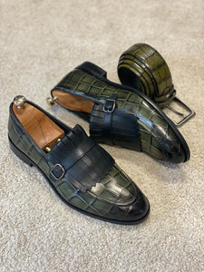 Grant Special Designed Buckle Detailed Croc Khaki Shoes