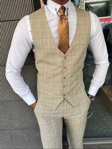 Ace Slim Fit Plaid Beige Striped Suit